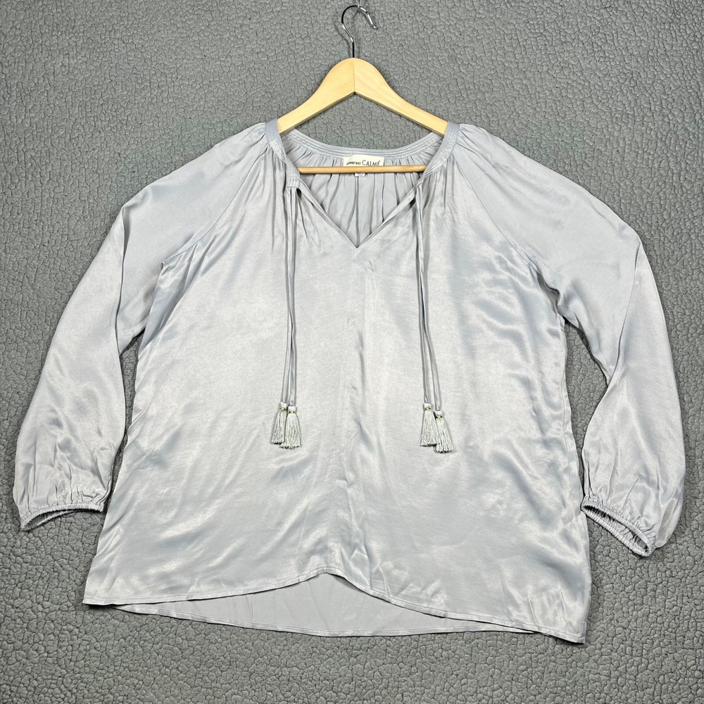Johnny Was Calme Silver Grey Viscose Tassel V-Neck Blouse Top Size M 012920